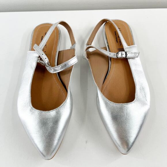 Antonio De Faria Anna Leather Slingback Mary Jane Pointed Toe Flats Silver 9 - Picture 7 of 8